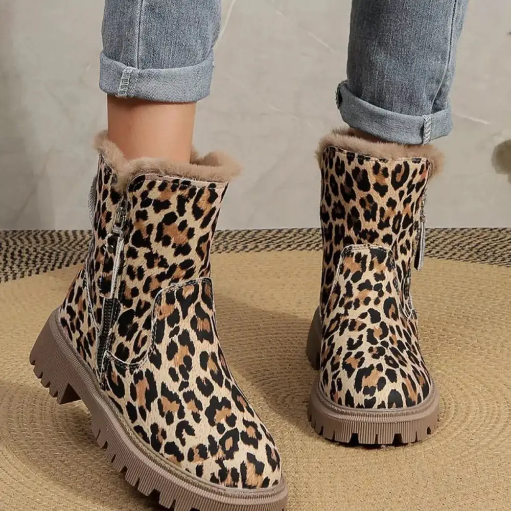Print Fur Lined Ankle Boots