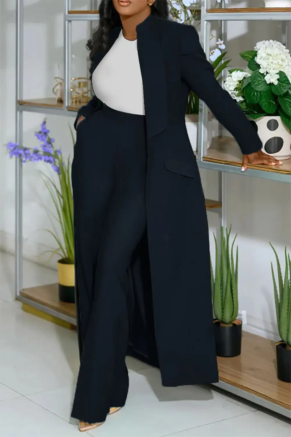 Turndown Collar Solid Color Long Blazer High Waist Pants 2pcs Set-Green