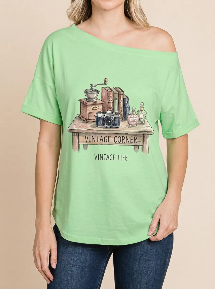 Women's Vintage Camera Books Printed T-Shirt