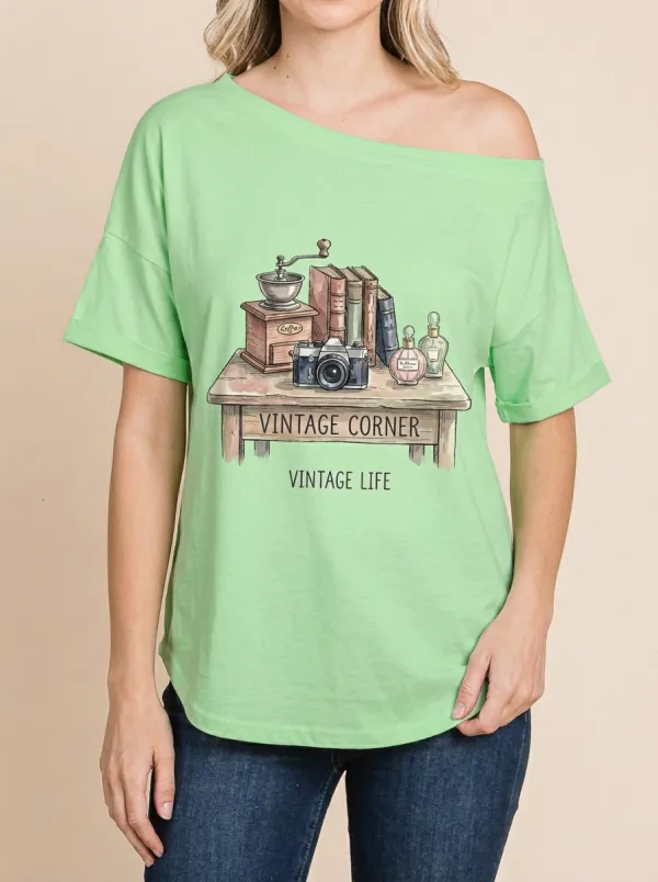 Women's Vintage Camera Books Printed T-Shirt