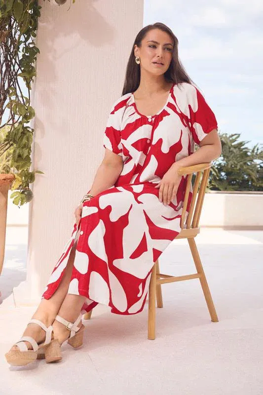 Red Premium Linen Abstract Print Maxi Dress