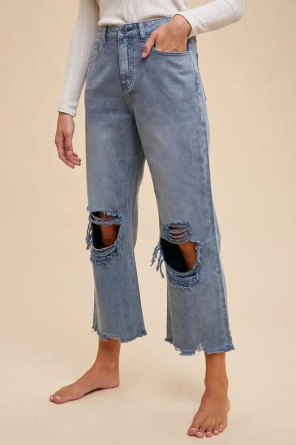 Washed Raw Hem Distressed Denim Jeans