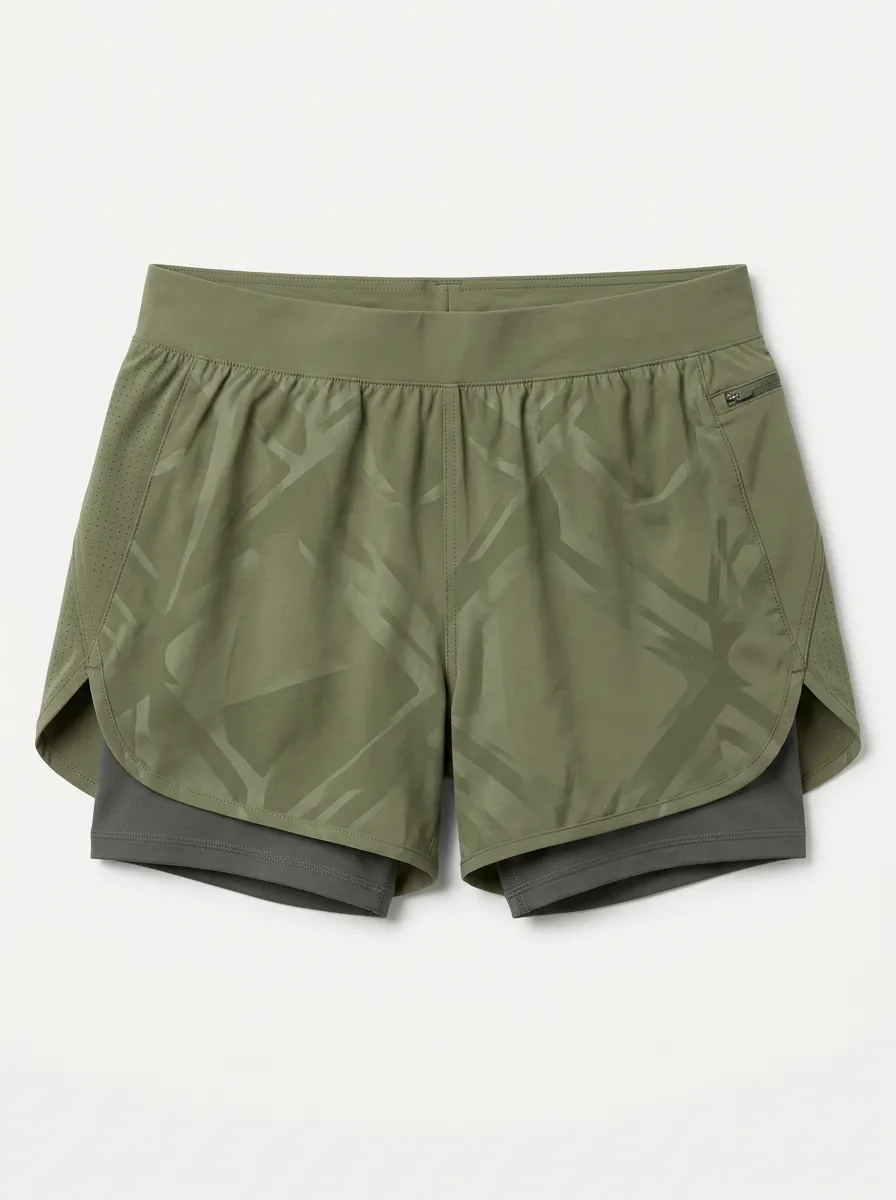 Women's Athletic Fitness Olive Geometric Printed 2-in-1 Shorts