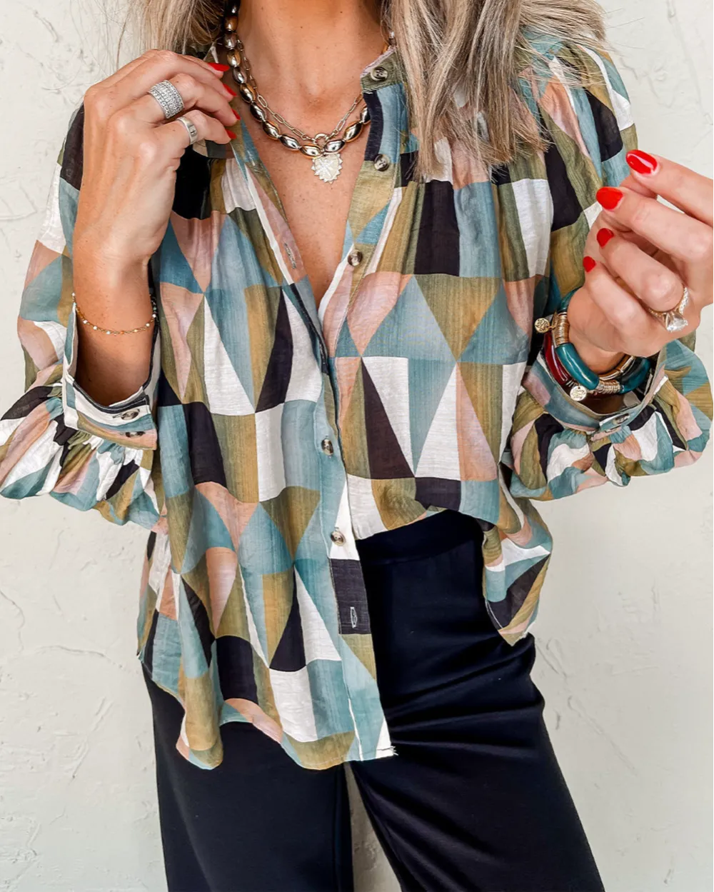 Geometric Print Plaid Relaxed Fit Shirt Blouse