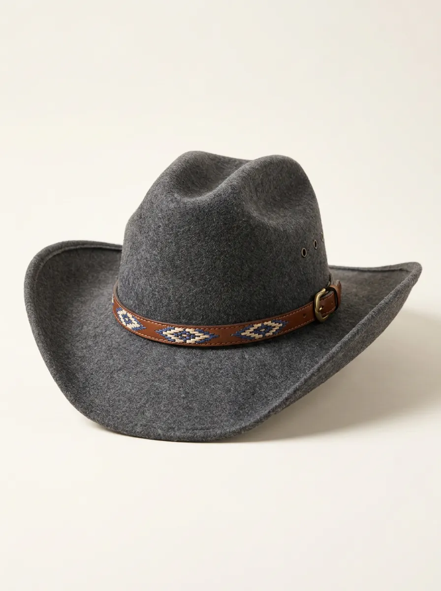 Geometric Leather Band Felt Cowboy Hat