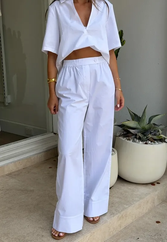 White Poplin Straight-Leg Pants