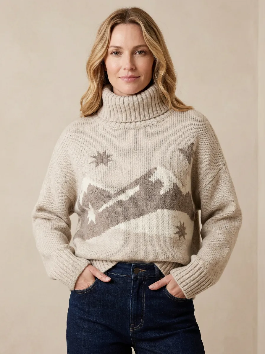 Women's Nature Lover Mountain Star Pattern Printed Turtleneck Sweater