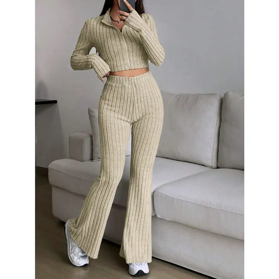 Relaxed Zip Up Long Sleeve Top and Pants Set
