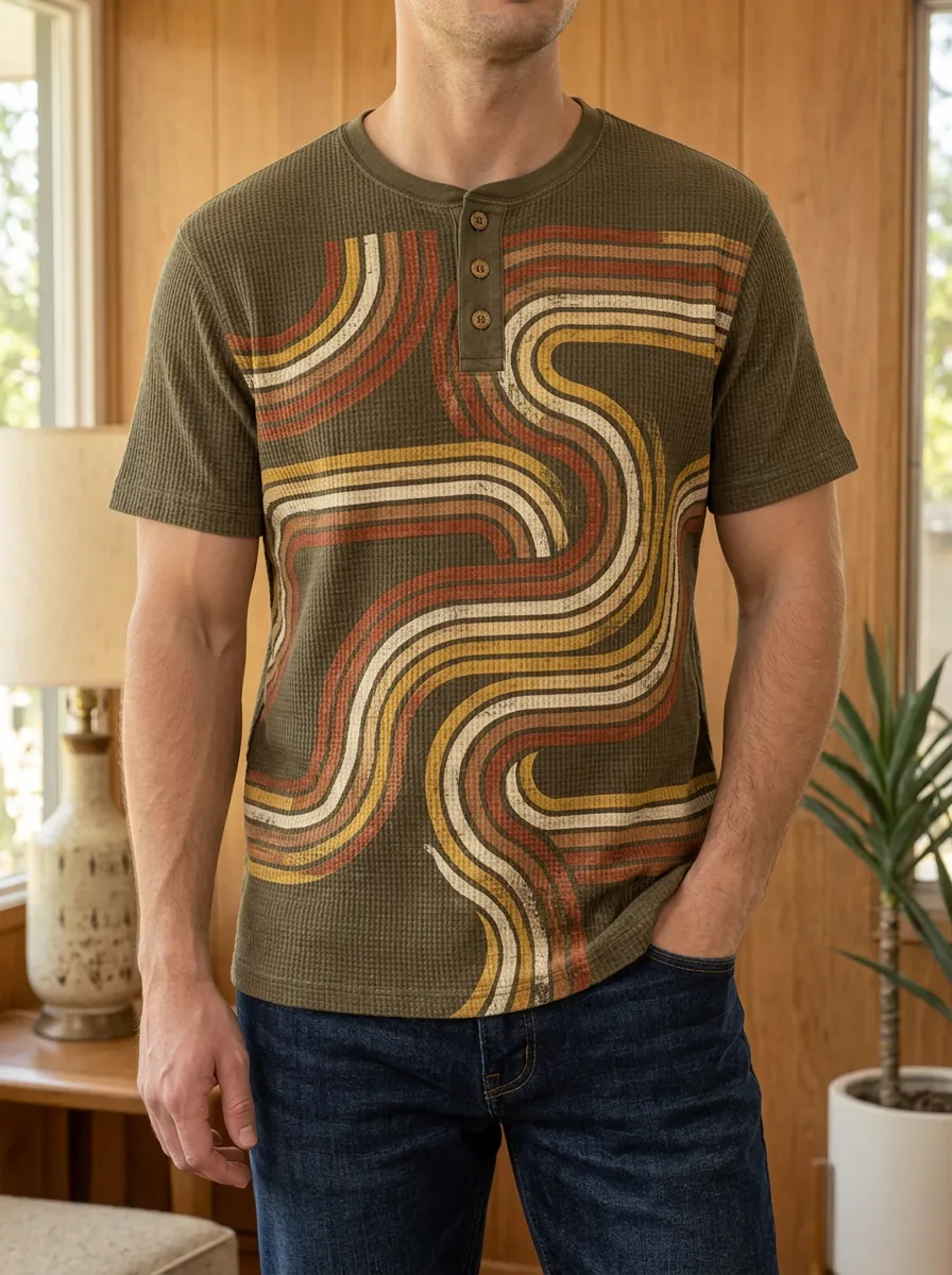 Men's Retro 70s Wavy Stripe Printed Henley T-shirt
