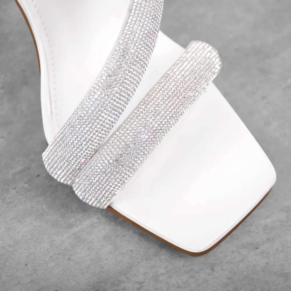 Rhinestone Strappy Slip On Chunky Heel Sandals