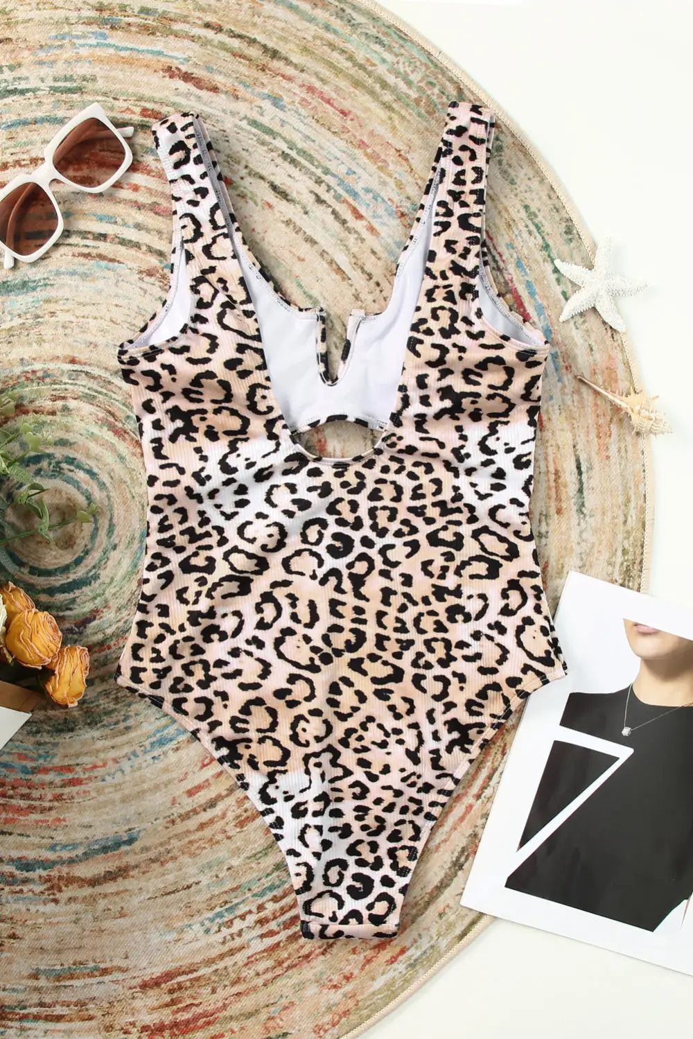 Swimwear Leopard Split V Neck One-piece Swimsuit