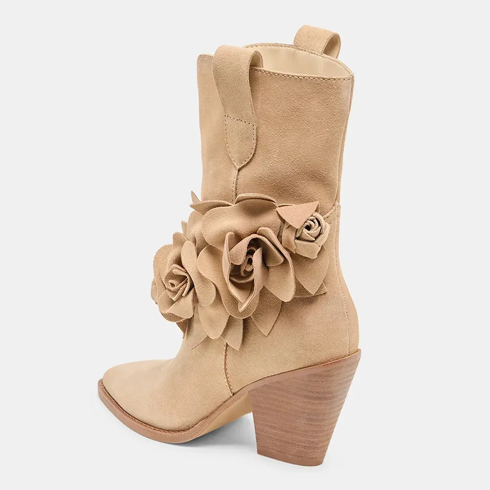 Faux-Suede Pull-On Floral Pointed-Toe Western Boots