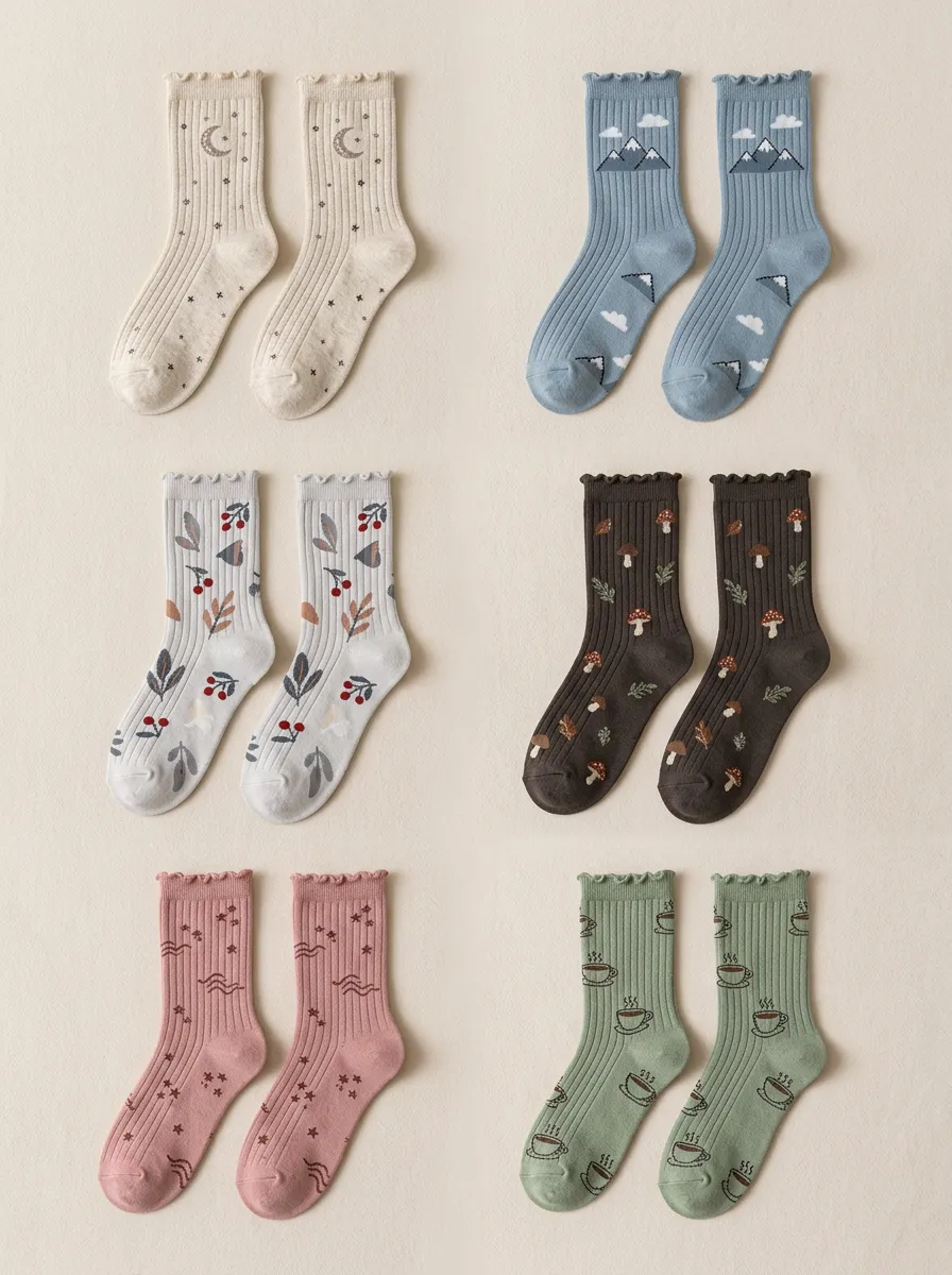 Women's Nature Motif Lettuce-Edge Ribbed Crew Sock Set