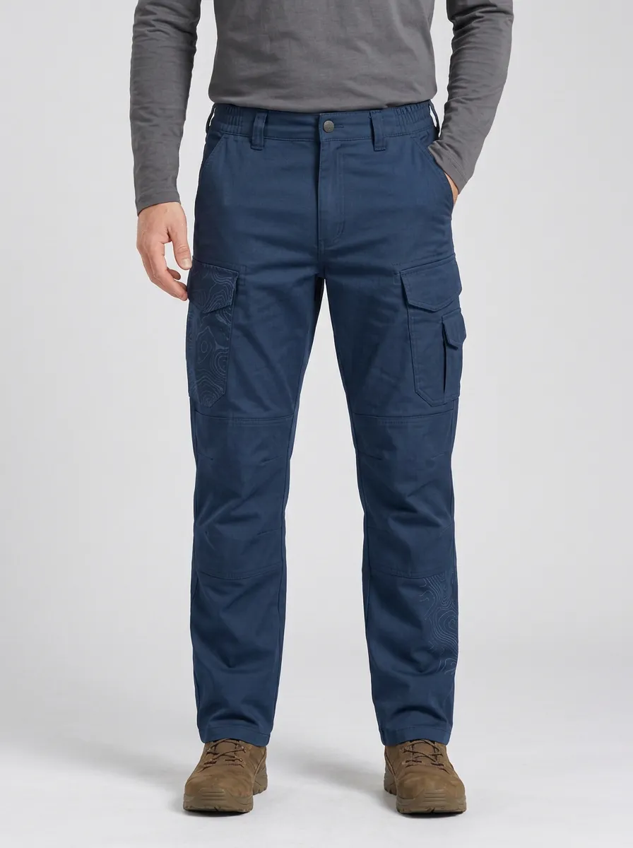 Men's Olive Green Topographic Multi-Pocket Reinforced Knee Integrated Webbing Belt Straight-Leg Tactical Cargo Pants