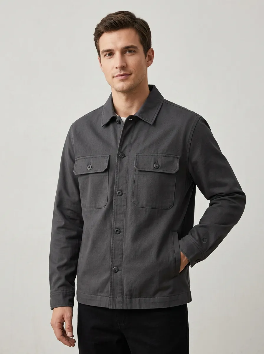 Men's Casual Minimalist Charcoal Button-Down Utility Jacket
