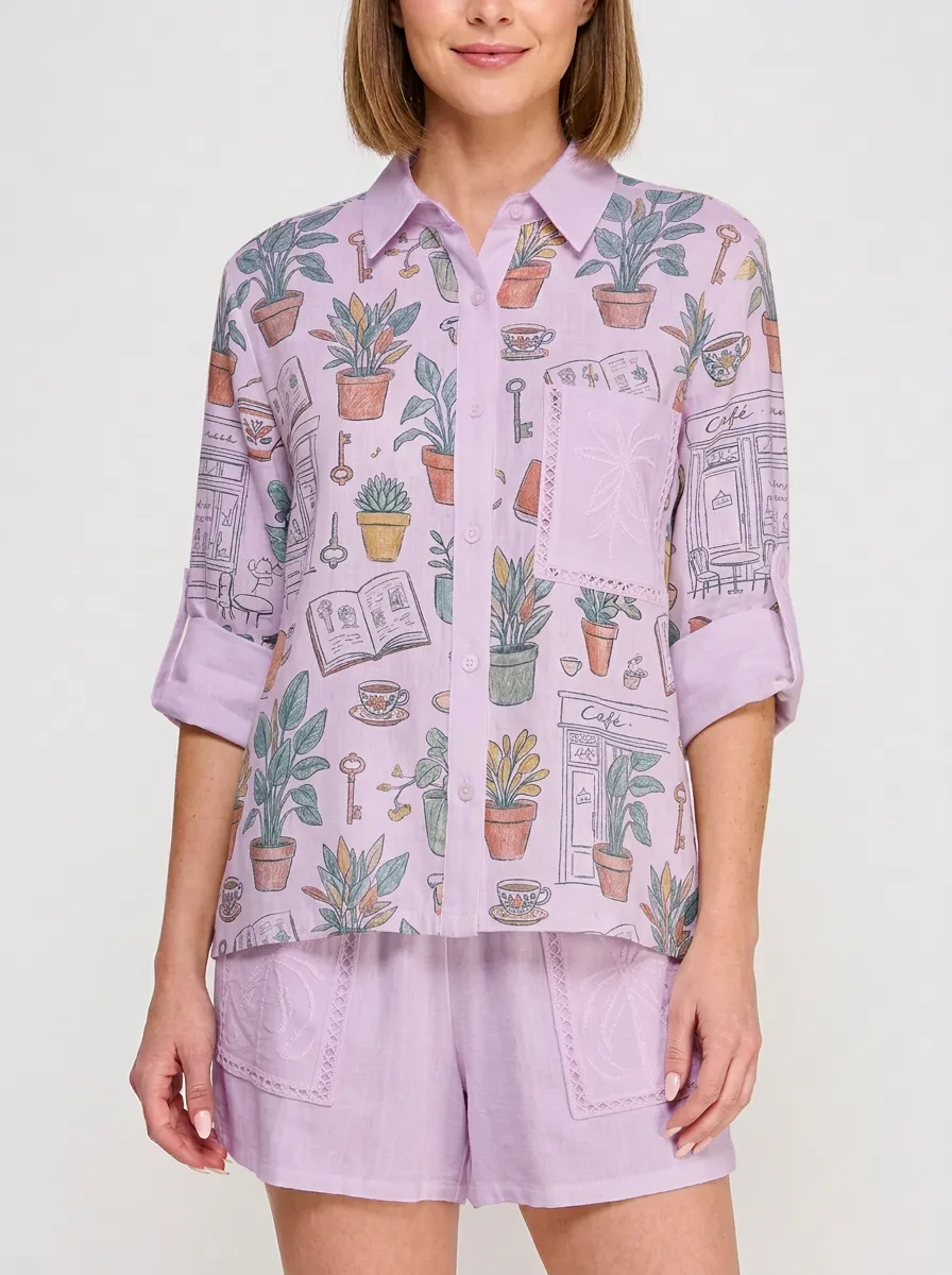 Women's Botanical Cafe Book Graphic Button-Up Shirt