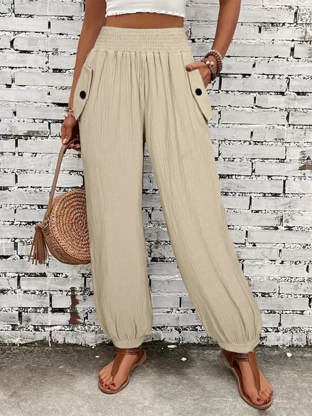 Smocked Waist Textured Casual Everyday Pants