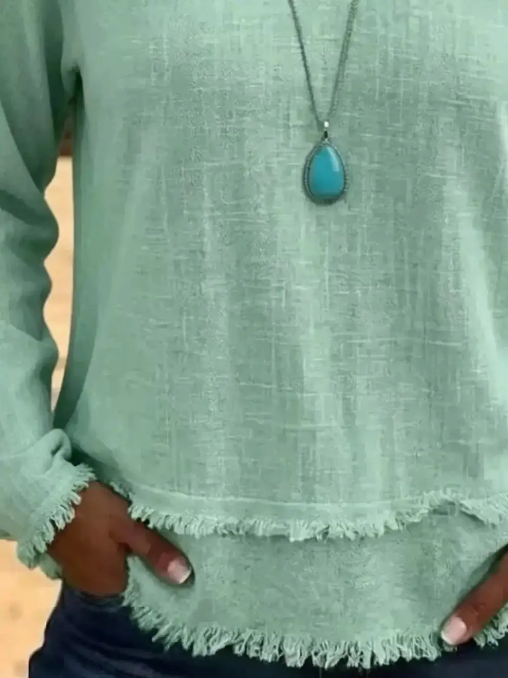 Long Sleeve V-Neck Frayed Hem Blouse