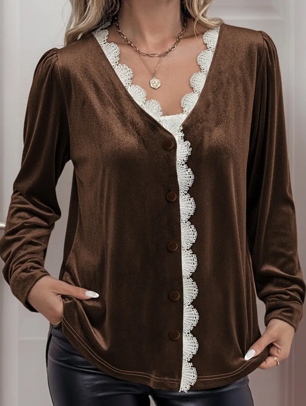 Retro V Neck Lace Trimmed Velvet Top