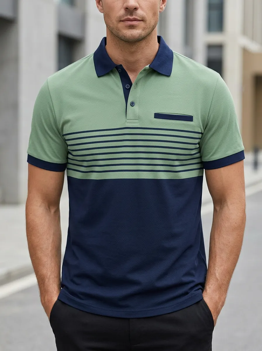 Men's Colorblock Striped Pocket Polo Shirt