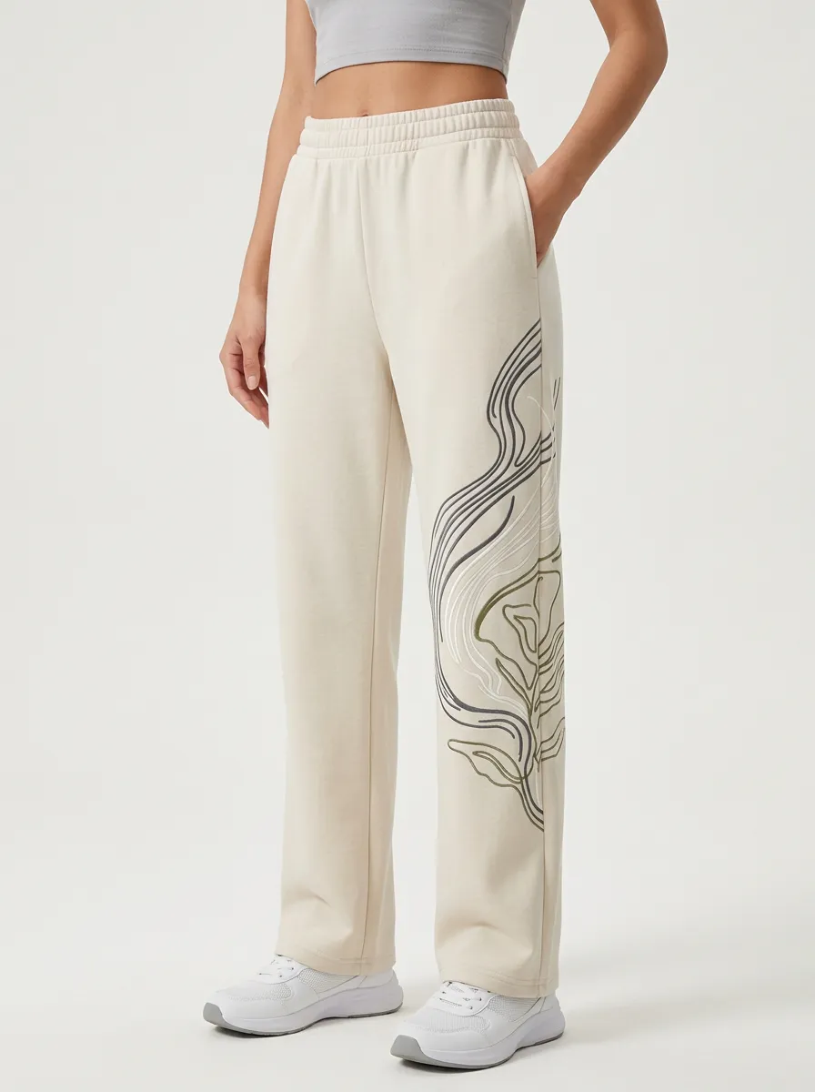 Women's Beige Abstract Line Print Wide-Leg Sweatpants