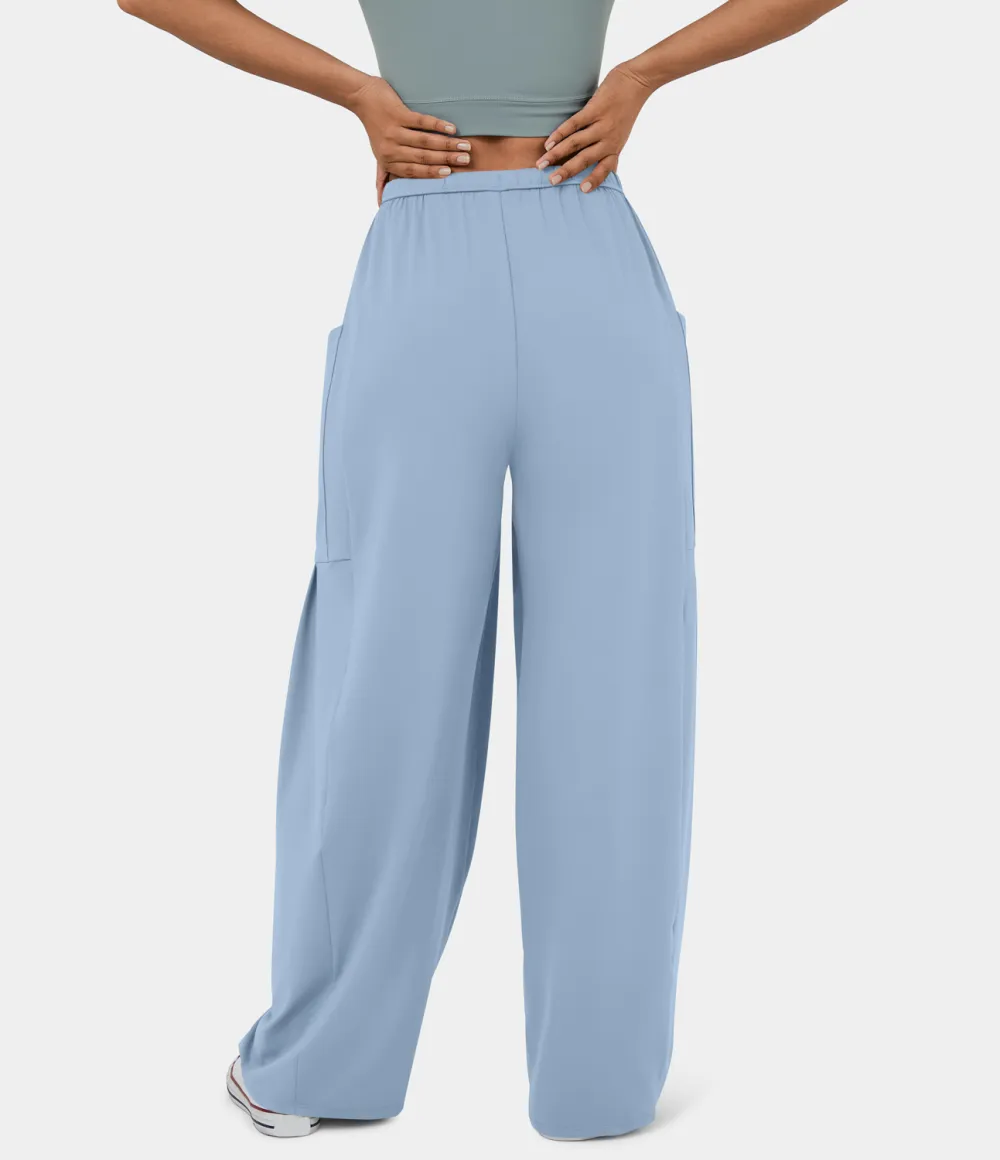 Mid Rise Elastic Waistband Drawstring Side Pocket Palazzo Flowy Wide Leg Casual Pants