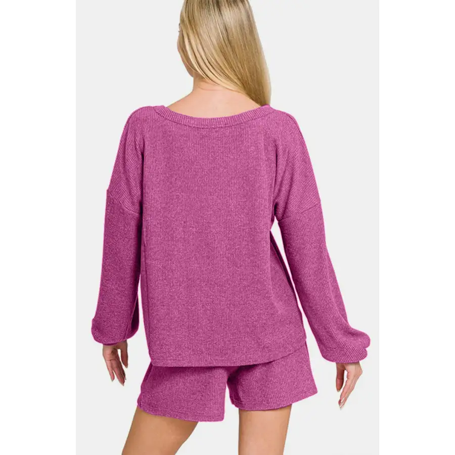 Relaxed V Neck Long Sleeve Ribbed Top and Shorts Set