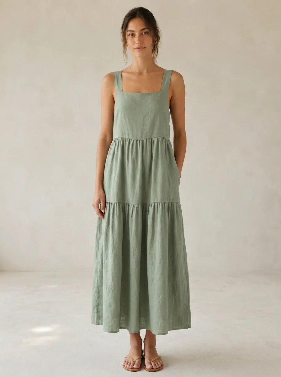 Women's Tiered Tie-Back Linen Backless Dress