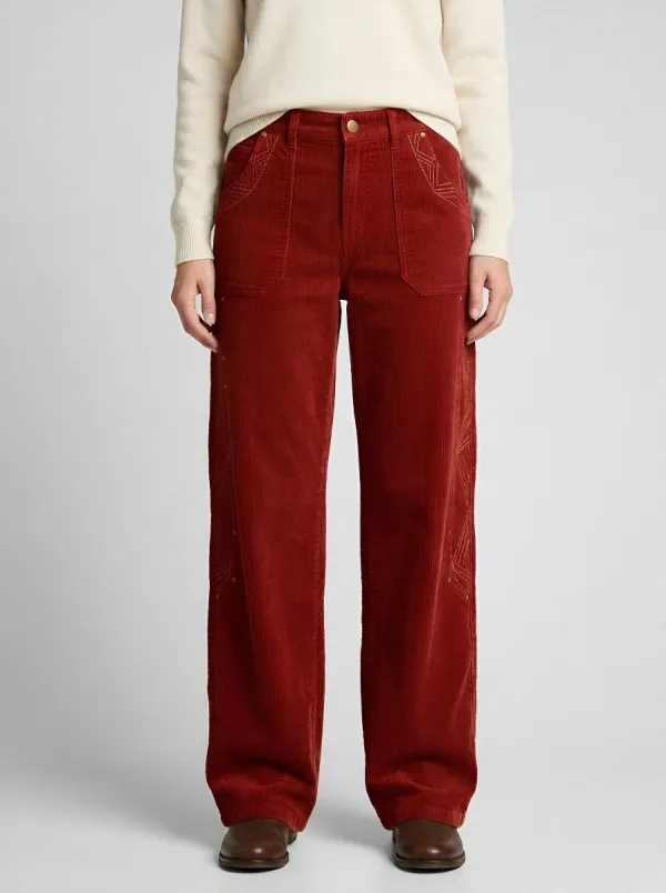 Women's Vintage Style Geometric Stitching Printed Corduroy Pants