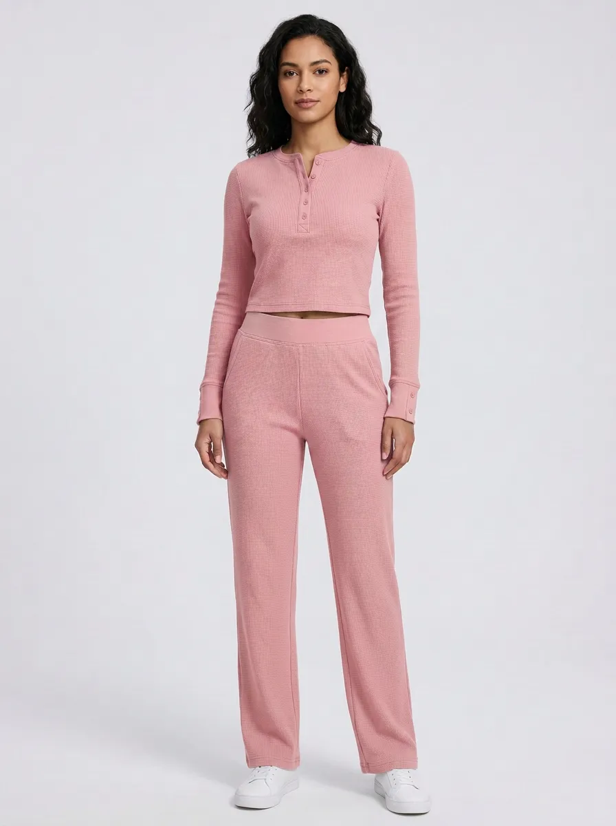 Women's Waffle-Knit Henley Crop Top and Straight-Leg Trouser Set