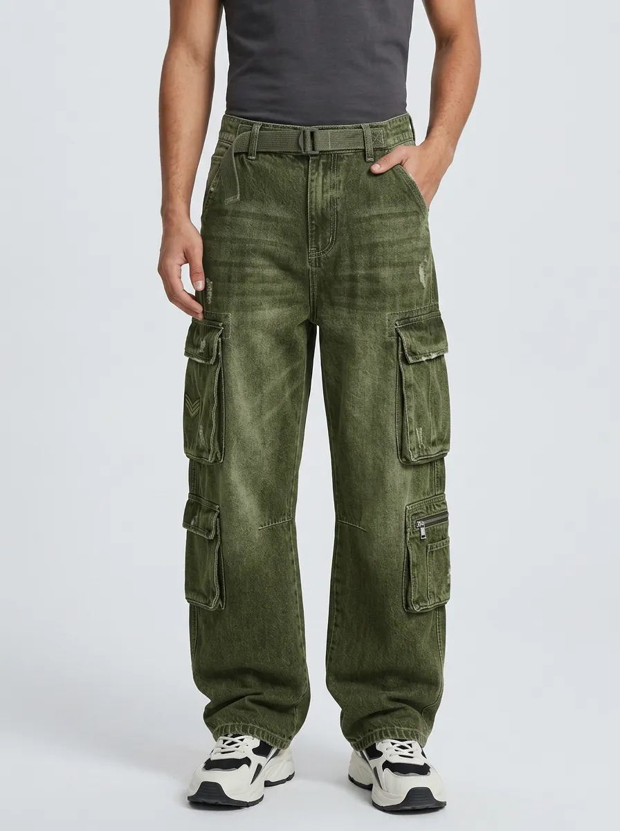 Men's Streetwear Washed Grey Multi-Pocket Belted Cargo Jeans