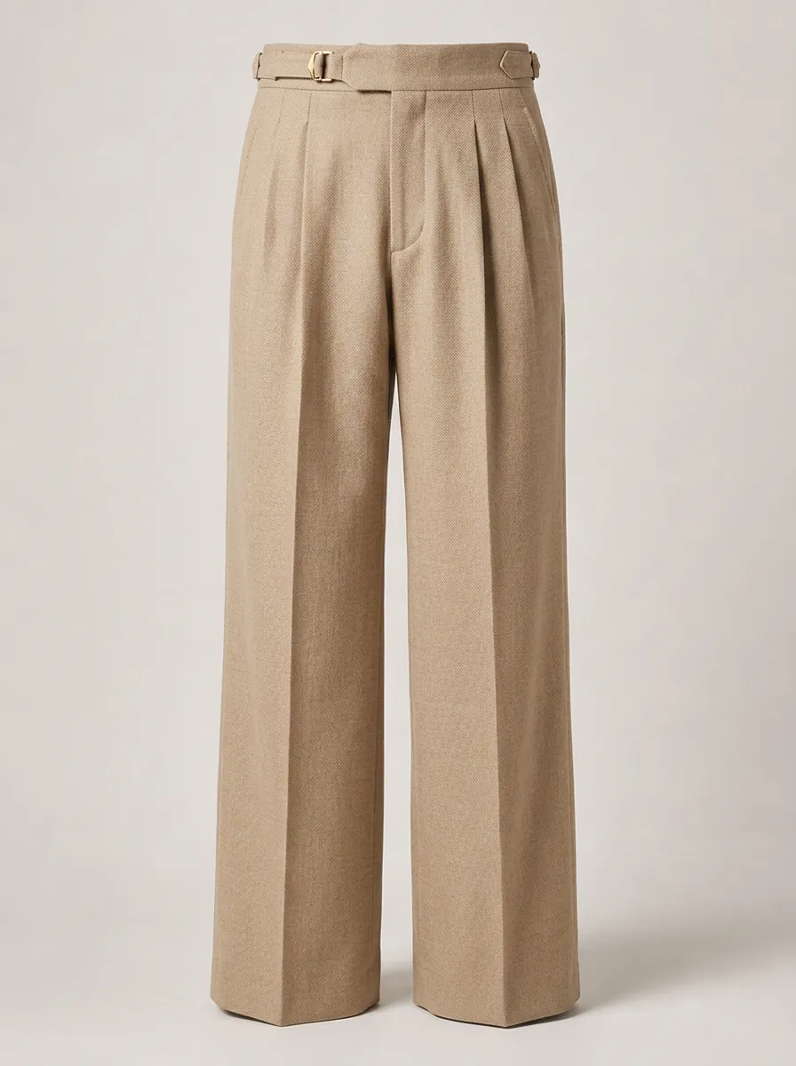 Men's Classic Beige Pleated Side-Buckle Tailored Trousers