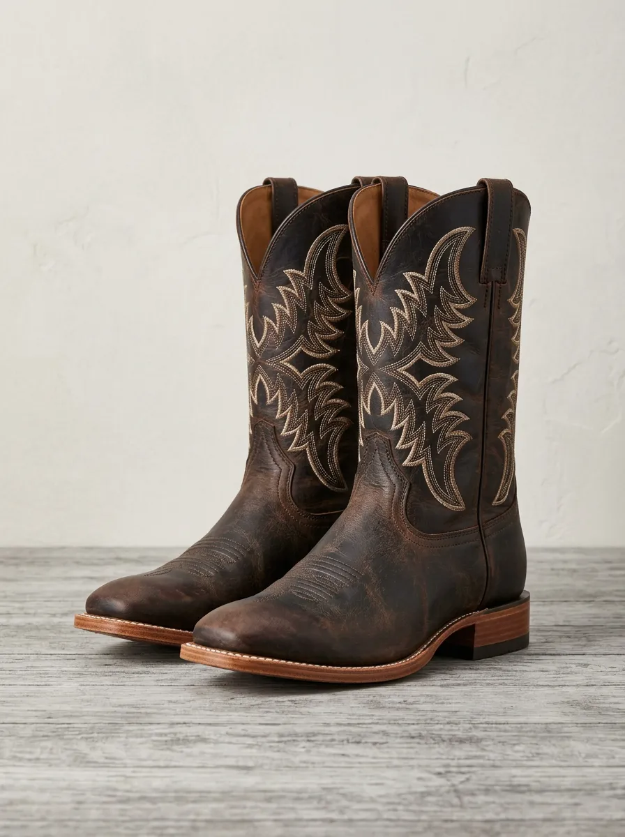 Ranchwear Embroidered Distressed Leather-Look Ranch Look Men's Western Cowboy Boots