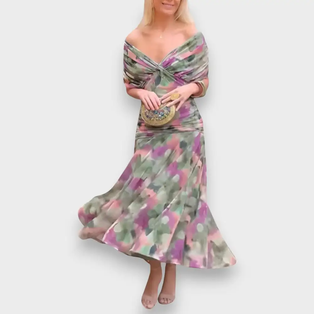 V-Neck Pleated Flowing Casual Dress