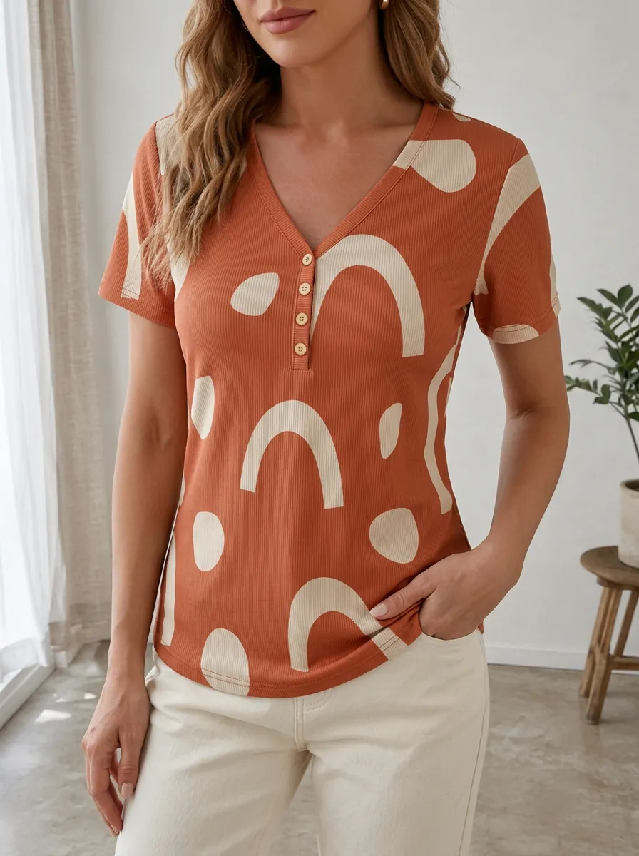 Women's Boho Abstract Rainbow Printed Ribbed Henley Shirt
