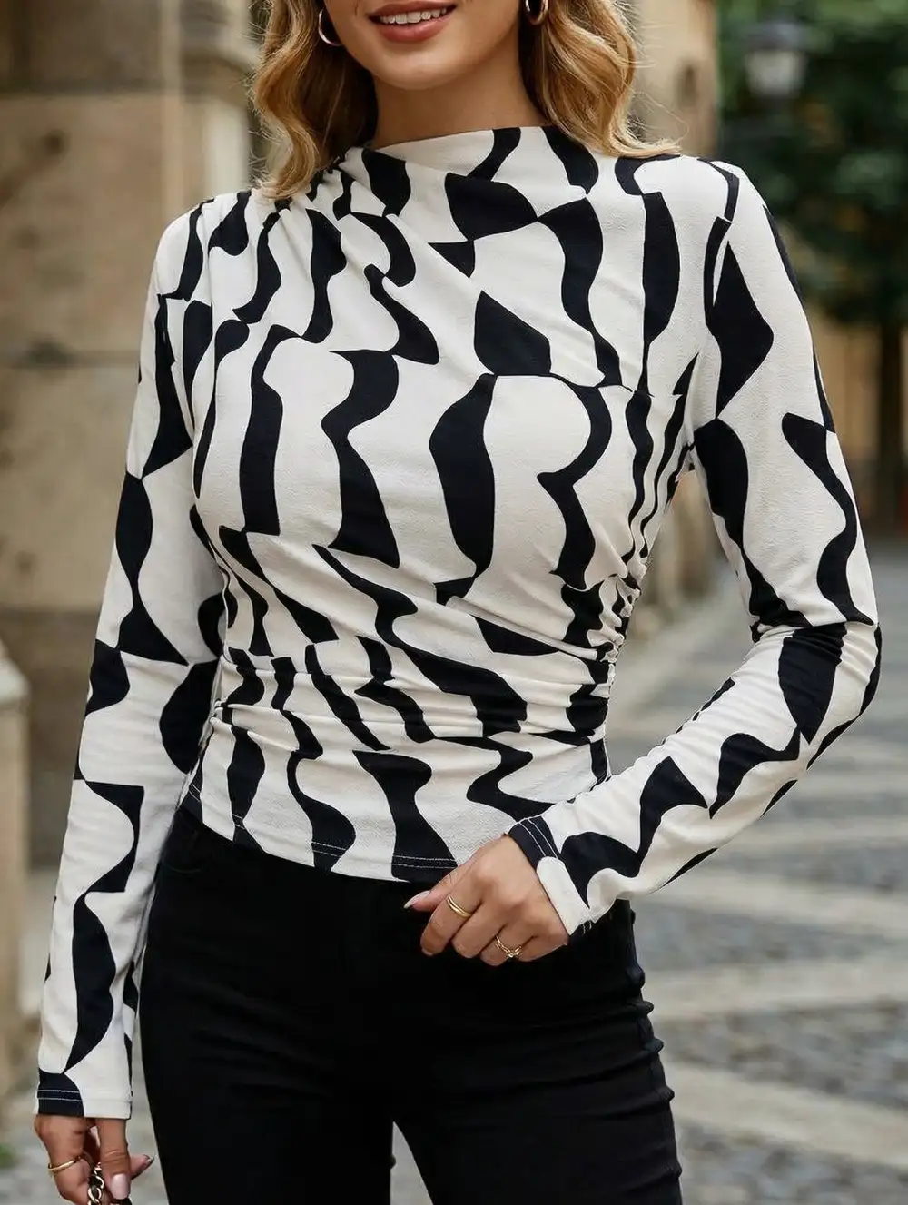 Ruffle Mock Neck Print Slim Top