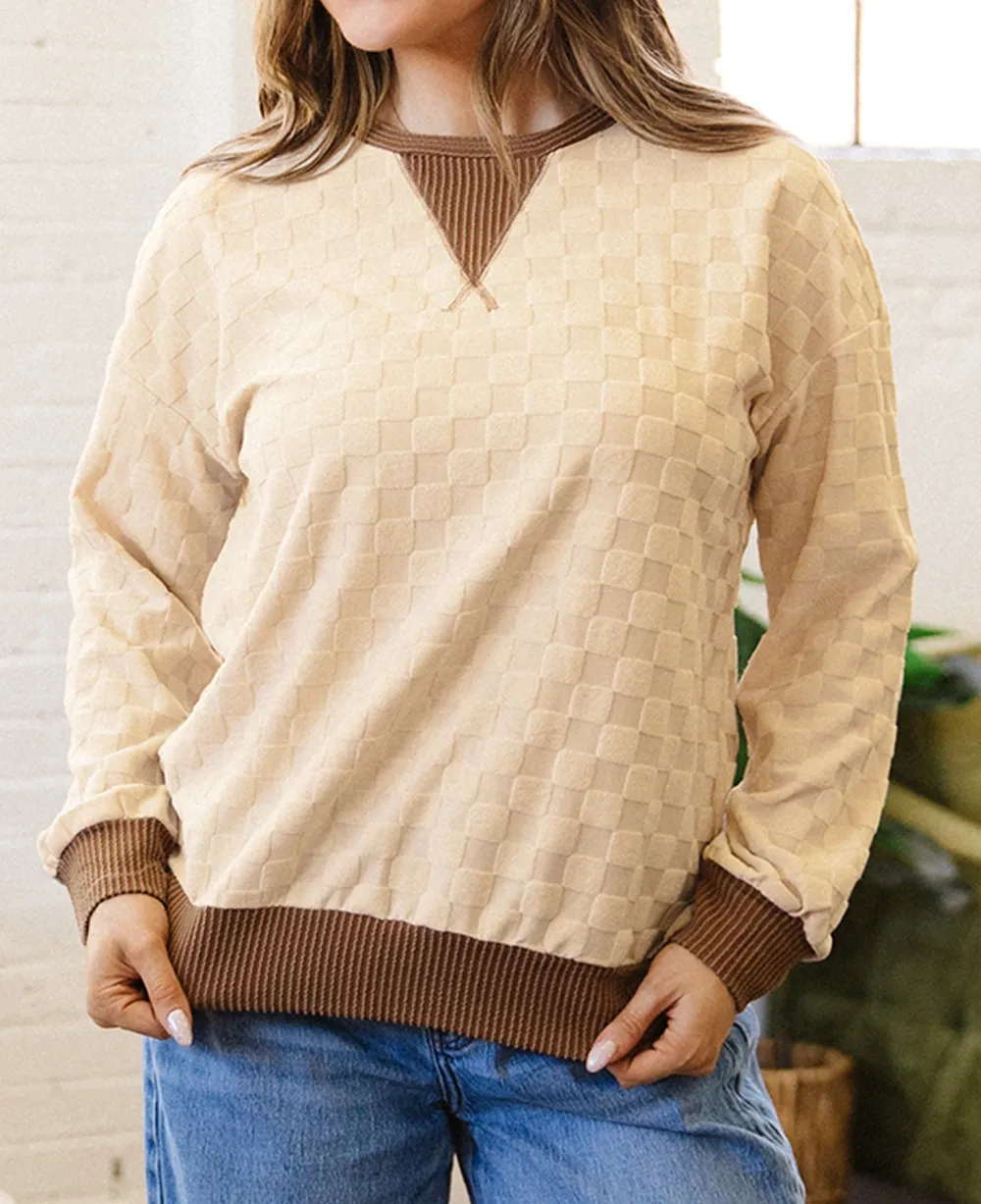Checkered Print Ribbed Relaxed Stretch Fabric Long Sleeve Top