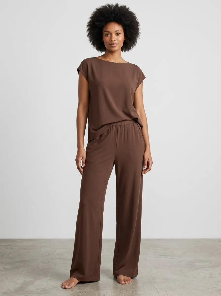 Women's Boat-Neck Top And Pull-On Wide-Leg Trouser Lounge Set
