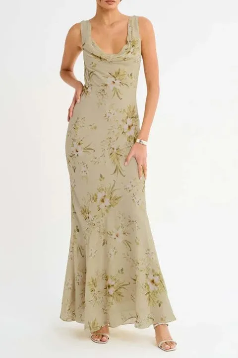 Beige Floral Print Sleeveless Gown