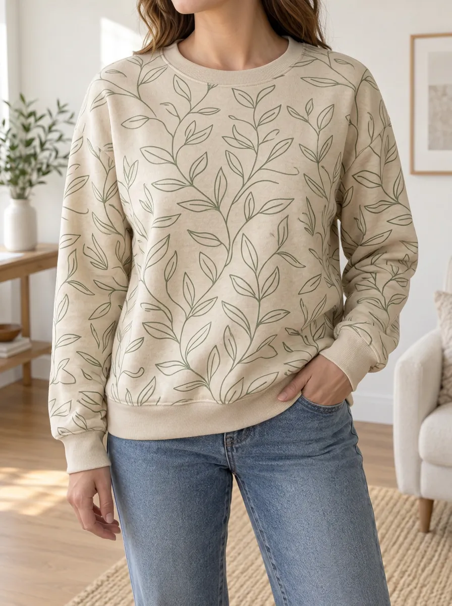 Women's Leaf Print Crewneck Sweatshirt Crew Neck Botanical