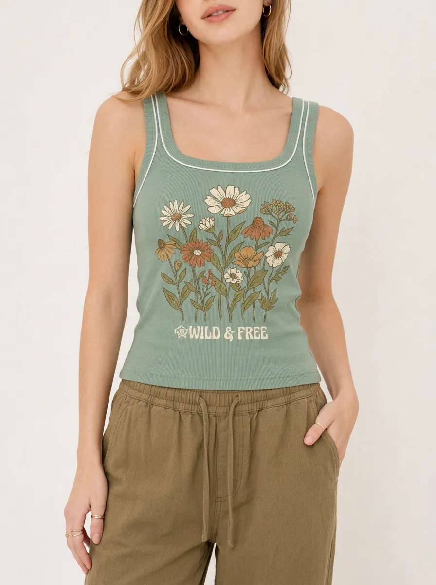 Women's Wild & Free Daisy Floral Printed Ribbed Tank Top