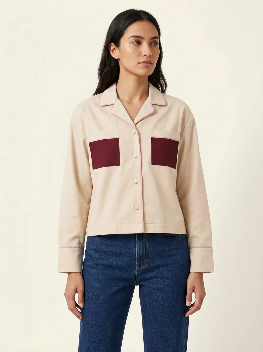 Women's Notched-Lapel Contrast-Piped Dual-Pocket Boxy Shirt