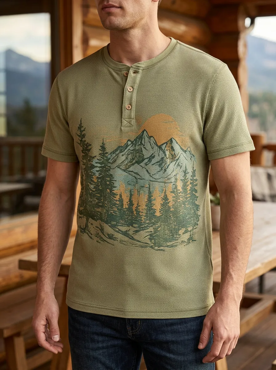Men's Refined Nature Lover Mountain Forest Henley T-Shirt