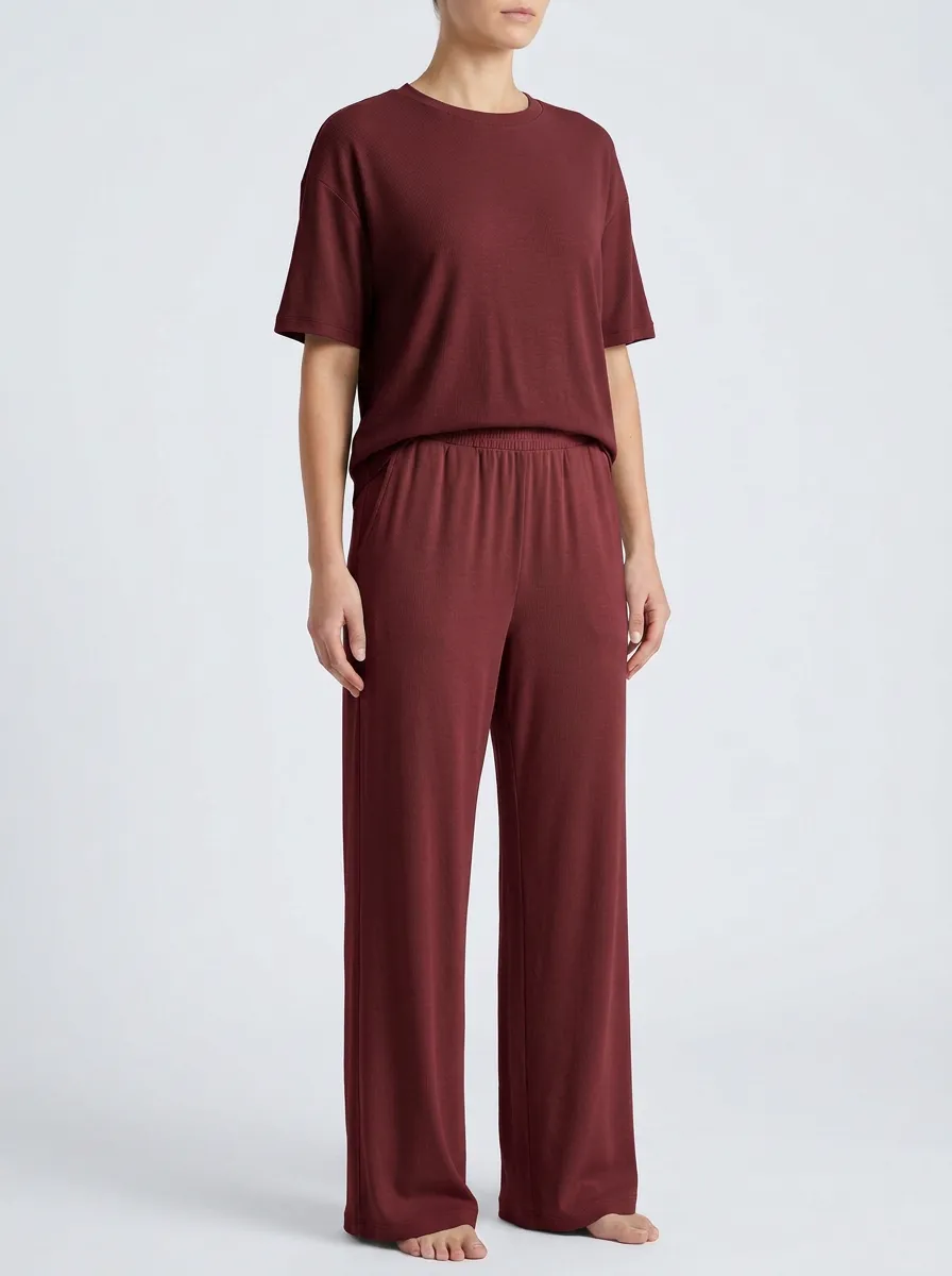 Women's Ribbed Drop-Shoulder Top And Wide-Leg Trouser Lounge Set