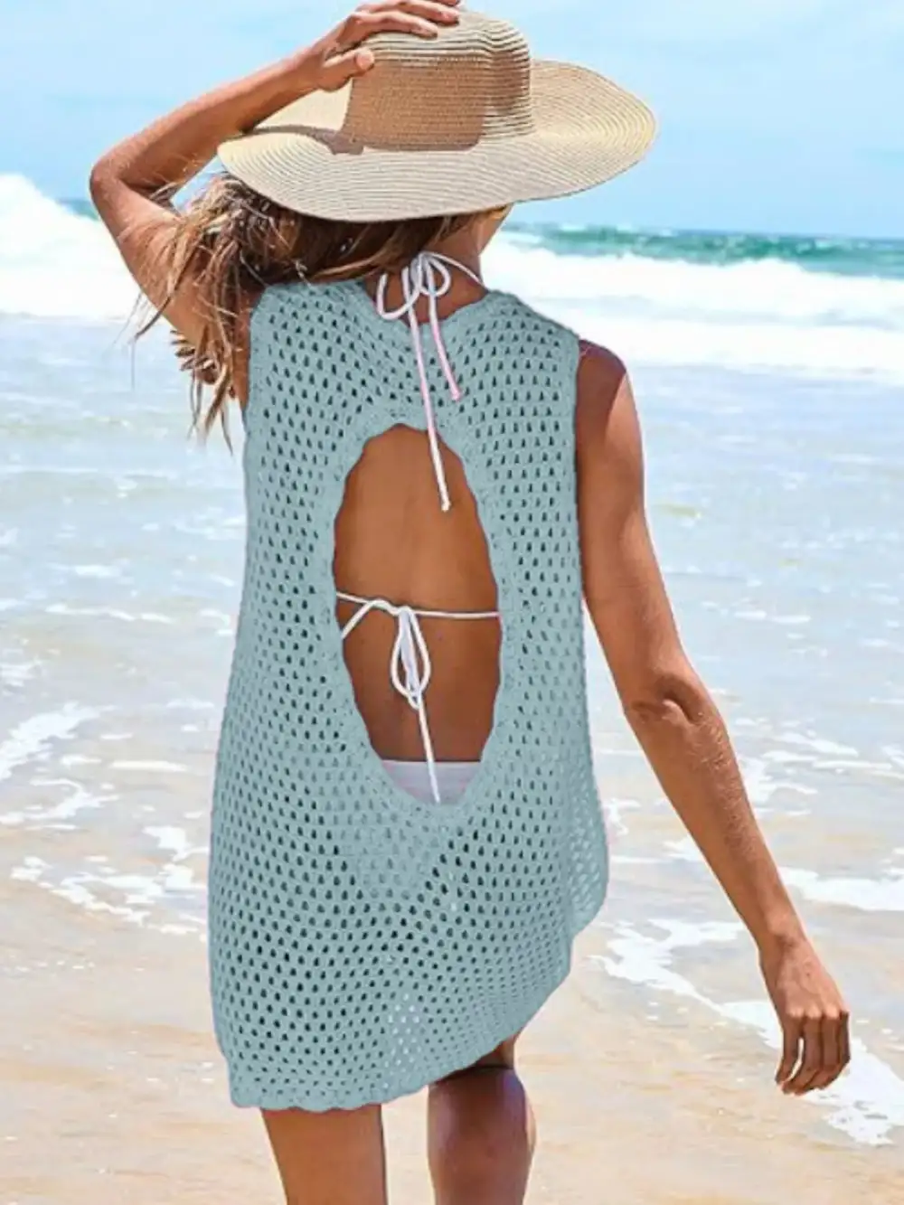 Blocked Pattern Openwork Sleeveless Panel Detail Swim Cover Up