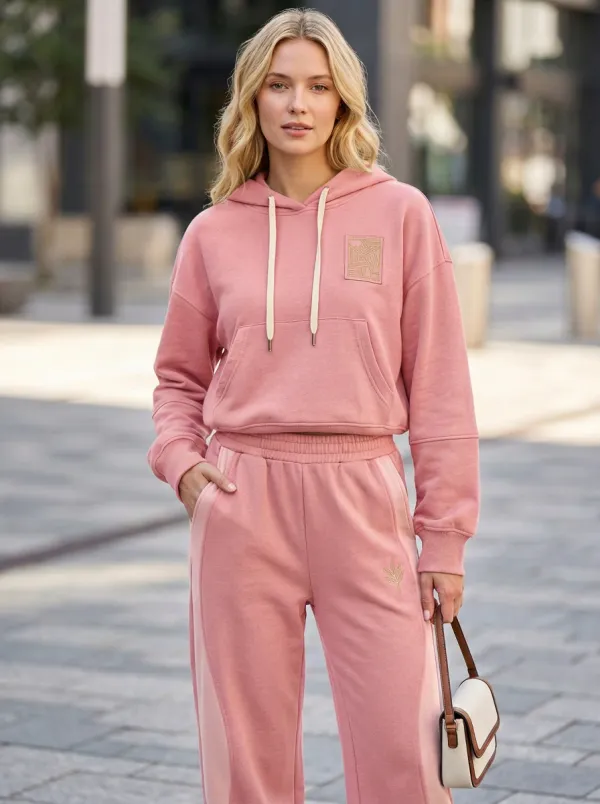 Women's Minimalist Geometric Leaf Printed Hooded Tracksuit