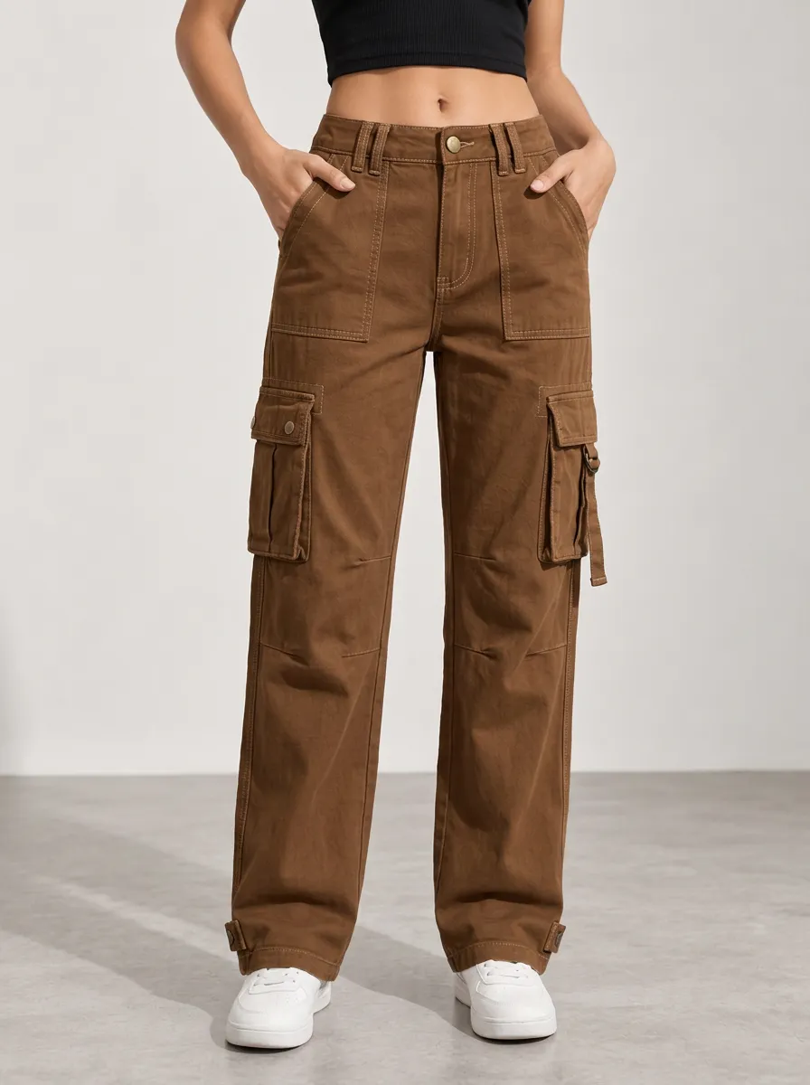 Women's Multi-Pocket Cargo Structured Straight Pants