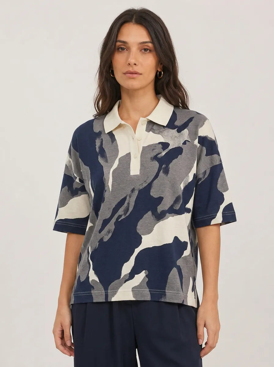 Women's Casual Style Navy Blue Camouflage Printed Polo Shirt