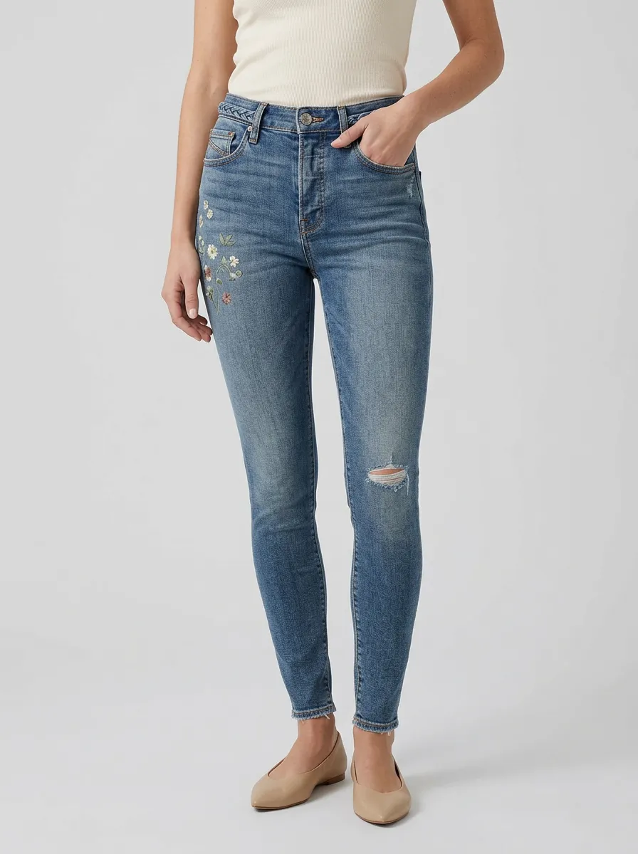 Women's Sierra Floral Vintage Flower Embroidered Printed Slim Jeans