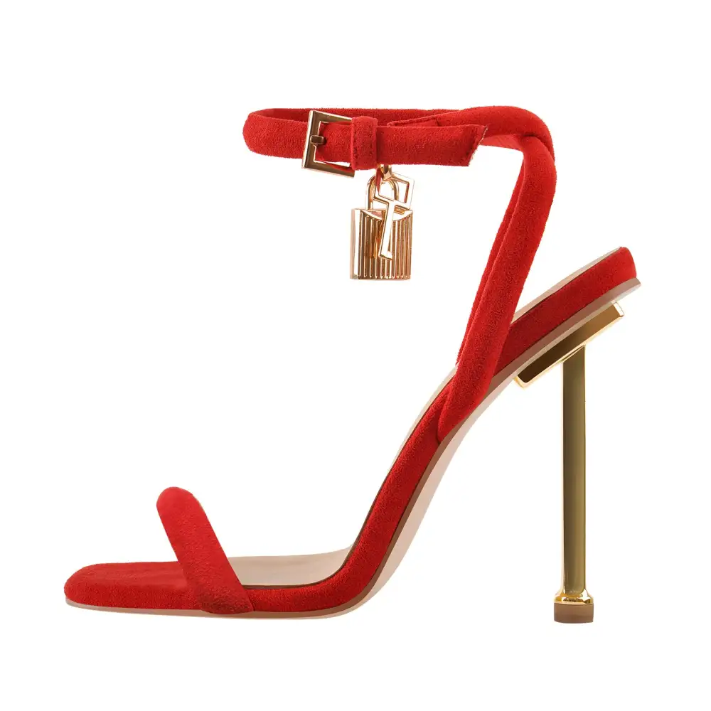Suede Ankle Strap Square Toe Stiletto Metal Heel Sandals